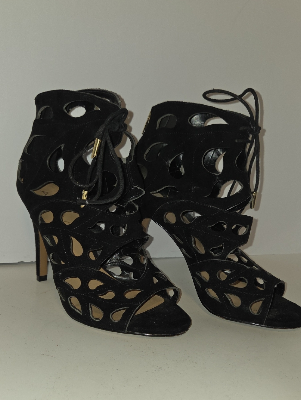 Aldo Black Lace Up Heels Laser Cut Peep Toe Sandals Stiletto Size 8